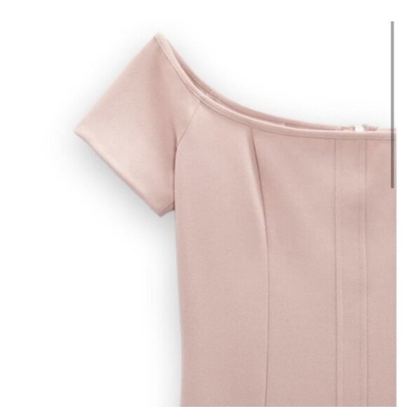 Zara Off the Shoulder Bodycon Midi Dress XSMALL Baby Light Pink Topstitched - Picture 7 of 15